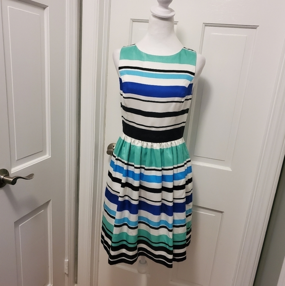 RED SAKS FIFTH AVENUE Striped  Fit & Pleated Dress Size 4, Preppy, Wedding Guest